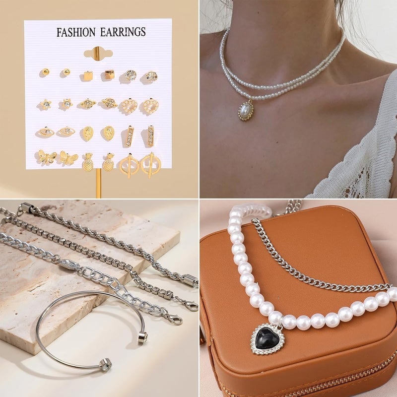 CONGYING 73 Pcs Gold Jewelry Set with 6Pcs Layered Necklace, 11 Pcs anklet and 7Pcs Earring Ear Cuff,12Hoop Earrings ,15pcs Rings,21pcs stud earrings Jewerly set for Women Pack for Friendship Party Gift - Image 4